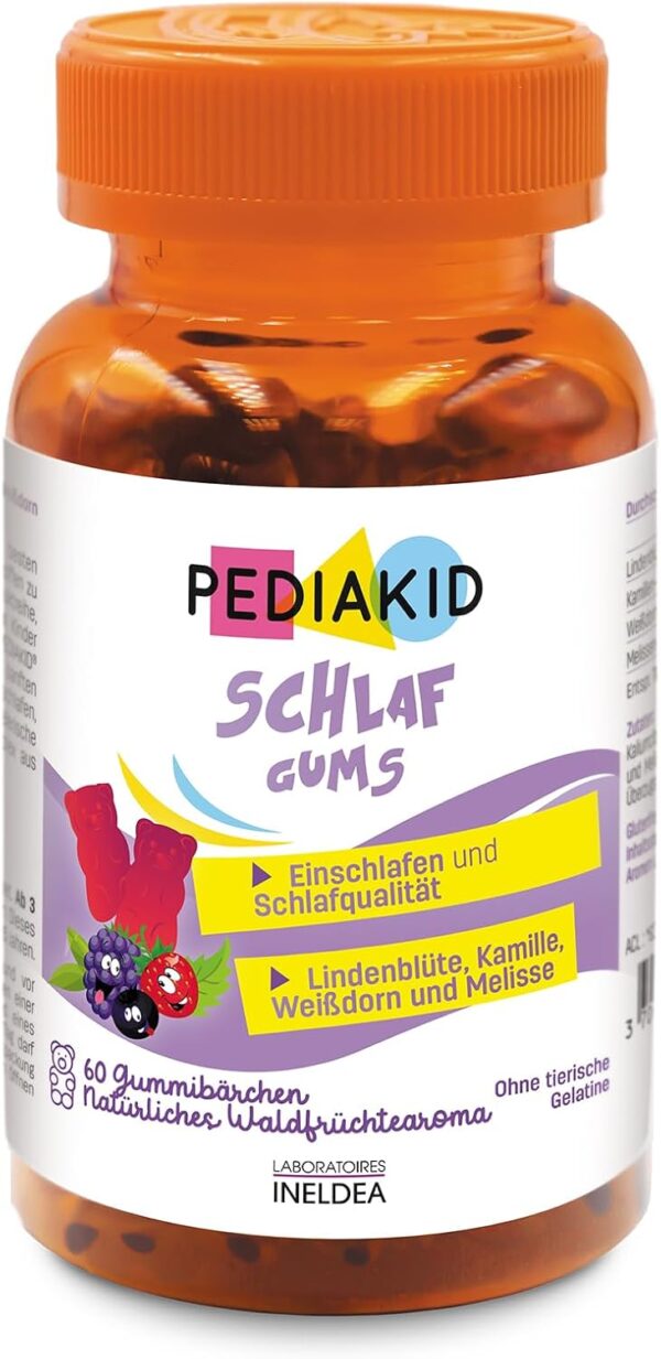 PEDIAKID - GUTE NACHT GUMS - Nahrungsergänzungsmittel - Linde, Weißdorn, Kamille & Melisse - Hilft beim Einschlafen - Fördert eine bessere Schlafqualität - Gelatinefrei - 60 Gummis