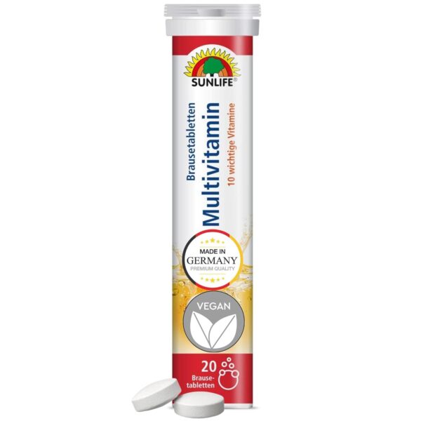 SUNLIFE Multivitamin Brausetabletten - 1x20 Stück - Multivitamin Tabletten mit Orangen Geschmack - Brausetabletten mit 10 Vitaminen - Nahrungsergänzungsmittel Multivitamine - Vitamine Tagesbedarf