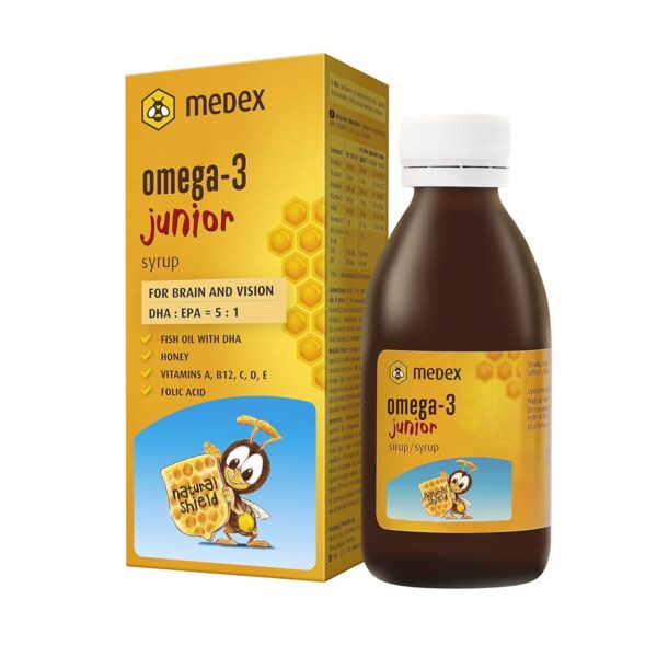 Medex Omega 3 Kinder Junior Sirup, 74% honigbasiert - 143 g Honig, ausgezeichneter Geschmack, 250 mg DHA, 50 mg EPA; zugesetzte Vitamine A, B12, C, D, E, Folsäure, ab 3 Jahren, 140 ml