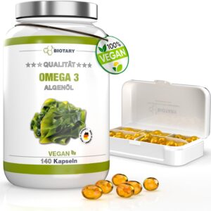 Omega 3 Vegan aus Algenöl 140 Softgel Kapseln | 600 DHA & 300 EPA+ Vitamin E pro Tagesdosis | ca. 3 Monate Vorrat, inklusive Pillenbox | laborgeprüft | hohe Bioverfügbarkeit