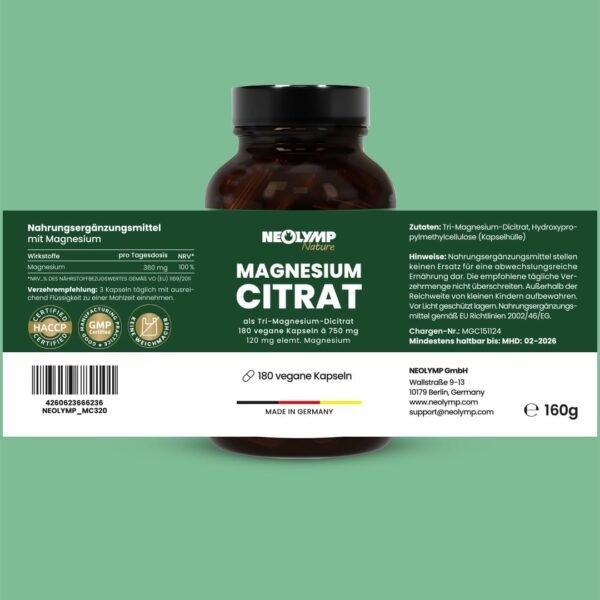 NEOLYMP Magnesiumcitrat Kapseln hochdosiert - 360mg elementares Magnesium pro Dosis - produziert in Deutschland - vegan, laborgeprüft & nachhaltiges Braunglas – Bild 9