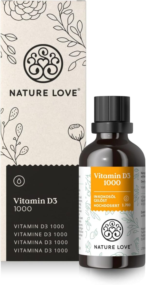 NATURE LOVE® Vitamin D3 1000 (50ml flüssig) – Laborgeprüfte 1000 I.E. pro Tropfen – in MCT-Öl aus Kokos – Vitamin D hochdosiert – hoch bioverfügbar, sehr hohe Stabilität und ohne unnötige Zusätze