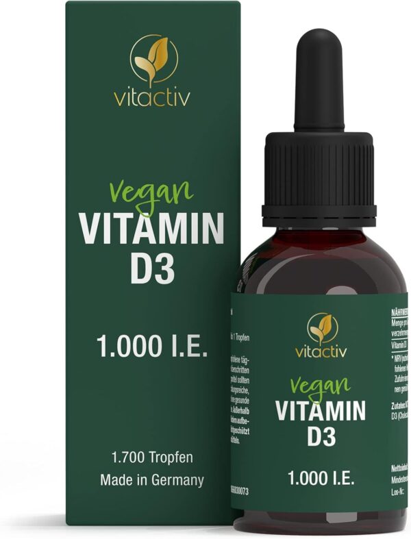 VITACTIV Vitamin D3 Tropfen - Für Knochen, Muskeln & Immunsystem - 1000 IE Vitamin D pro Tropfen, Hochdosiert, Hoch Bioverfügbar - Aus Deutschland, Laborgeprüft, Vegan - 50ml, 1700 Tropfen