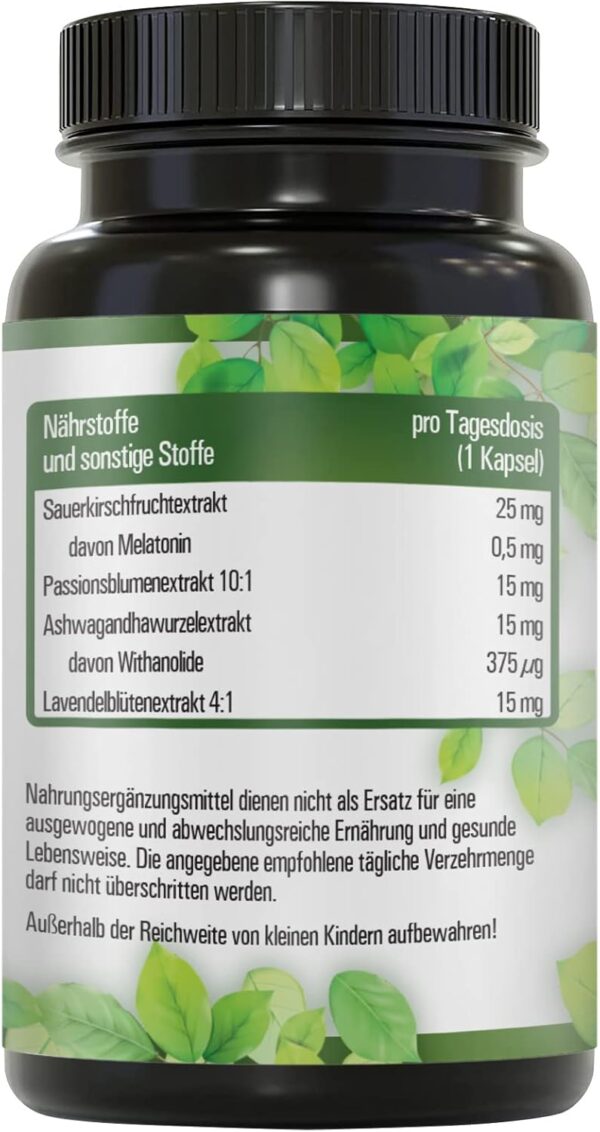 Vihado Natur Melatonin hochdosiert, Innovation: natürliches Melatonin aus Sauerkirsch, zusätzlich Ashwagandha, Passionsblume, Lavendel, 90 Kapseln – Bild 2