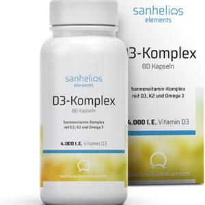 Sanhelios® Sonnenvitamin-Komplex - 4000 I.E. Vitamin D3 + K2 (MK7) & Omega-3 Fettsäuren - 80 Kapseln = 400 Tage rund um versorgt - Nur Premium Zutaten - Hergestellt & geprüft in Deutschland