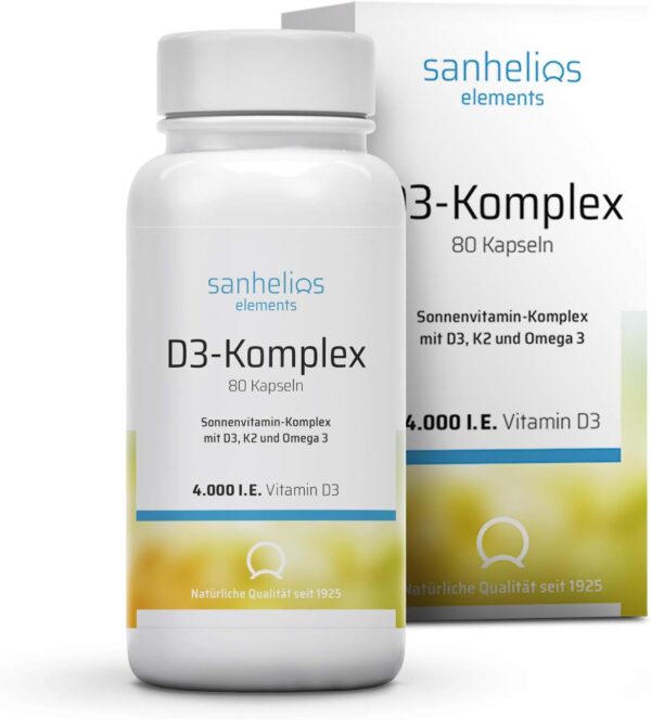 Sanhelios® Sonnenvitamin-Komplex - 4000 I.E. Vitamin D3 + K2 (MK7) & Omega-3 Fettsäuren - 80 Kapseln = 400 Tage rund um versorgt - Nur Premium Zutaten - Hergestellt & geprüft in Deutschland