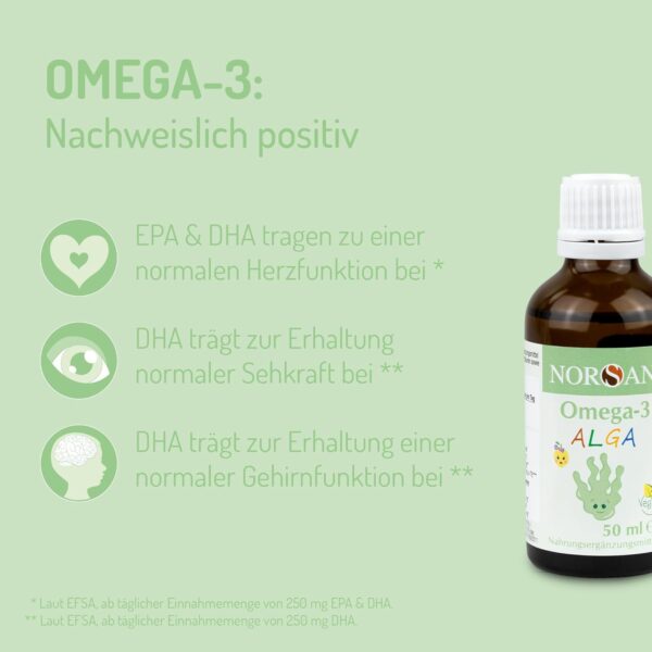 NORSAN Omega-3 ALGA Öl vegan 50ml / hochdosiertes Omega-3 vegan für Kinder 1.000 mg pro Portion/Omega-3 Algenöl reich an DHA/Tagesdosis 2 ml ab 35 kg Algenöl Omega-3 ALGA Öl vegan – Bild 2