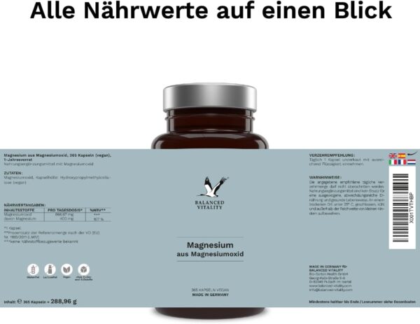 Magnesium Kapseln - 365 Stück (1 Jahr) - 667 mg Magnesium-Oxid, davon 400 mg ELEMENTARES reines Magnesium - ohne Zusatzstoffe - laborgeprüft - Made in Germany - Balanced Vitality – Bild 6