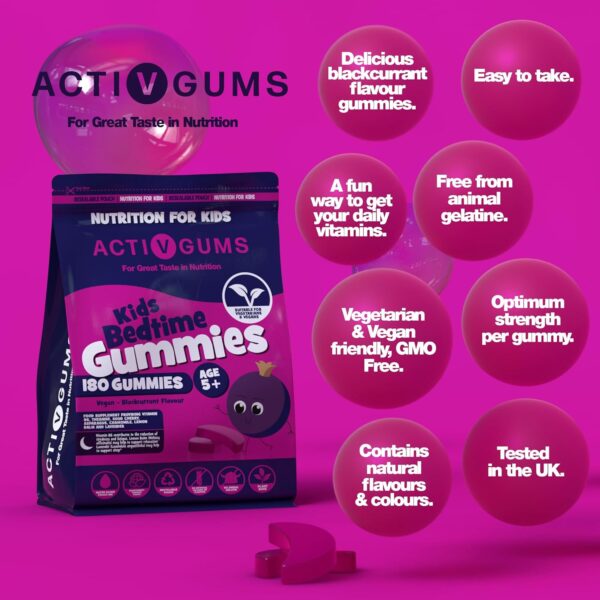 Kinder schlafen 180 vegane Gummis | Johannisbeer-Geschmack | Melatonin & 5HTP-frei | Enthält Vitamin B6, Montmorency Kirsche, Kamille | Wiederverwendbare & recycelbare Tasche | Ab 5 Jahren| ActivGums® – Bild 2