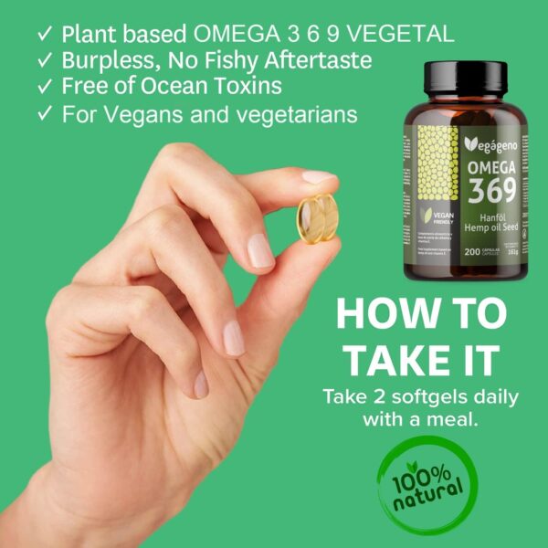 Vegageno OMEGA 3 6 9 Kapseln hochdosiert. Hochkonzentriertes OMEGA 3, vegan. 200 Kapseln. Mit natürlichem Vitamin E. GVO-frei, glutenfrei. Ohne Fisch. Nur Gemüse. Geeignet für Veganer und Vegetarier. – Bild 5
