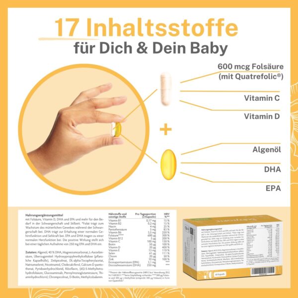 BabyFORTE® Folsäure ohne Jod + Omega-3 vegan mit Algenöl | 17 Schwangerschaftsvitamine ohne Jod + Quatrefolic® | 60 Kapseln | ab 1. Trimester – Bild 4