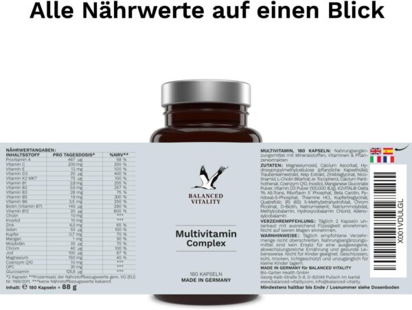 Multivitamin Kapseln - enthält alle wertvollen Vitamine A-Z & Mineralstoffe - 180 vegetarische Kapseln für 3 Monate - ohne Zusatzstoffe - laborgeprüft - Balanced Vitality – Bild 5