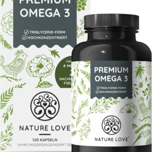 Nature Love Premium Omega 3-120 Kapseln - 1000mg Fischöl pro Kapsel mit 80% Omega 3 Anteil (EPA & DHA) - Hochdosiert & hoch bioverfügbar durch Triglycerid-Form - nachhaltiger Fischfang