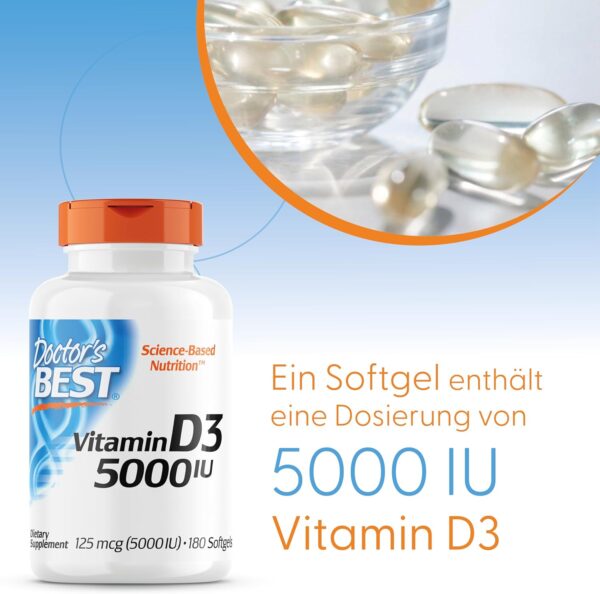 Doctor's Best, Vitamin D3, 5.000IU, Hochdosiert, Depot Wochendosis, 180 Weichkapseln, Laborgeprüft, Sojafrei, Glutenfrei, Ohne Gentechnik – Bild 5