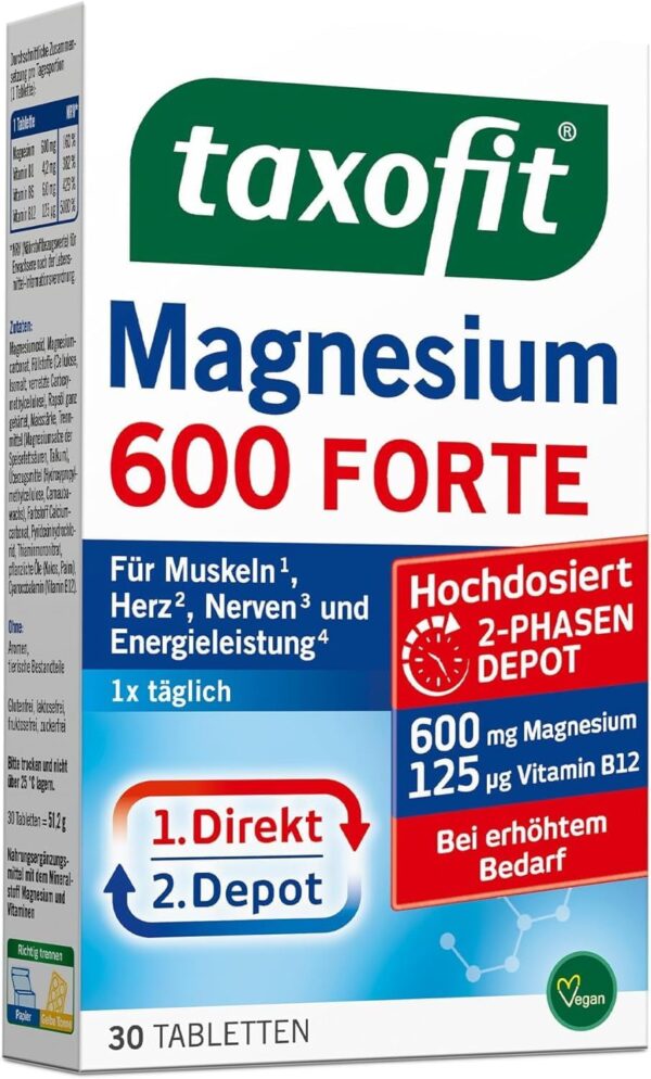 taxofit Magnesium 600 Forte | 5 x30 Tabletten hochdosiertes Magnesium 600mg + Vitamin B1+B6+B12 | Magnesiumoxid & Magnesiumcarbonat | für Muskeln¹, Herz² & Energie⁴ | Magnesium Versorgung für 30 Tage – Bild 2