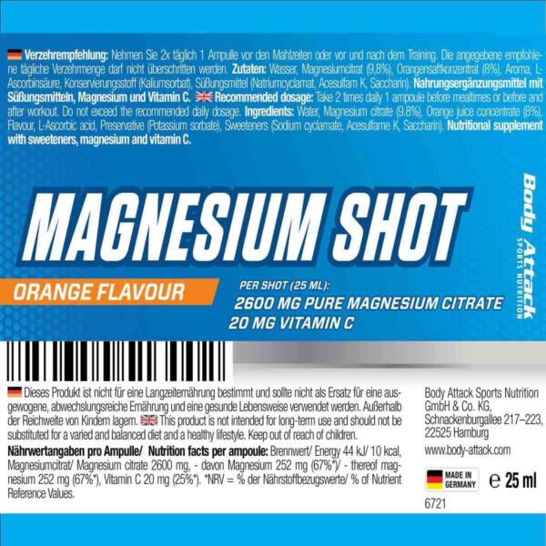 Body Attack- Magnesium Shot, hochdosiertes & flüssiges Magnesium, 225mg Magnesium, Extra Portion Vitamin C, 2600mg Magnesium Citrate, Veganes Pre & Postworkout, Made in Germany- 20 x 25ml (Orange) – Bild 5