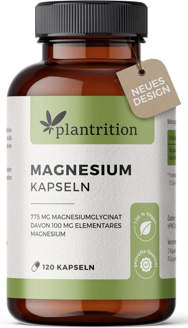 plantrition Magnesium Kapseln 775 mg davon 100 mg elementares Magnesiumglycinat pro Kapsel - Magnesium-Bisglycinat hochdosiert - 120 Vegane Kapseln