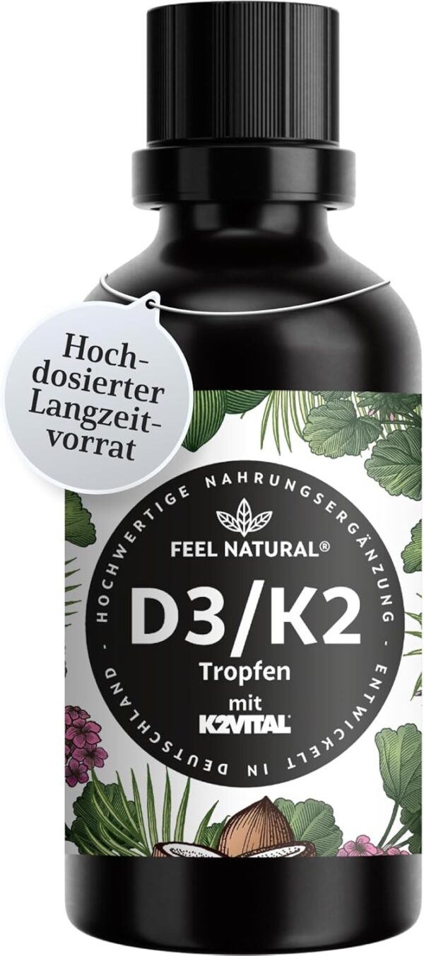 Vitamin D3/K2 Tropfen (50 ml) - 1000IE Vitamin D3 pro Tropfen - Spitzenrohstoff K2VITAL® mit 99,7% All-Trans-MK-7 - laborgeprüft, hochdosiert, ohne Zusätze, in Deutschland produziert
