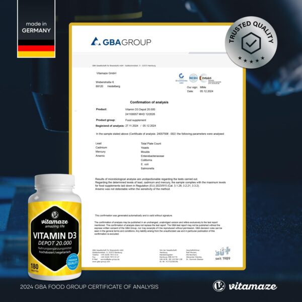 Vitamin D3 hochdosiert 20000 IE pro Tablette (20-Tage Dosis), 180 vegetarische Tabletten (teilbar), Natürliche Nahrungsergänzung ohne Zusatzstoffe, Made in Germany – Bild 8