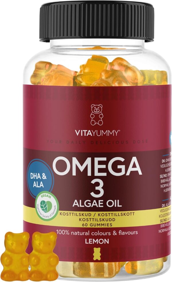VITAYUMMY Vegan Omega 3 für Kinder und Erwachsene, Gummies mit Zitronengeschmack - Gesunde Fette aus Omega 3 Algenöl - Natürliche, Allergenfrei und Gelatinefreie - 60 Gummy Vitamins, 1 Monat