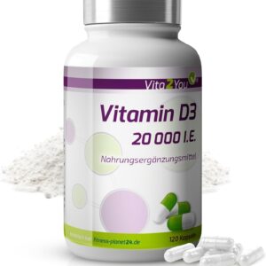 Vita2You Vitamin D3-20.000 IE - 120 Kapseln - Hochdosiert - 1000 I.E. pro Tag - 20000 Einheiten - Premium Qualität - Made in Germany