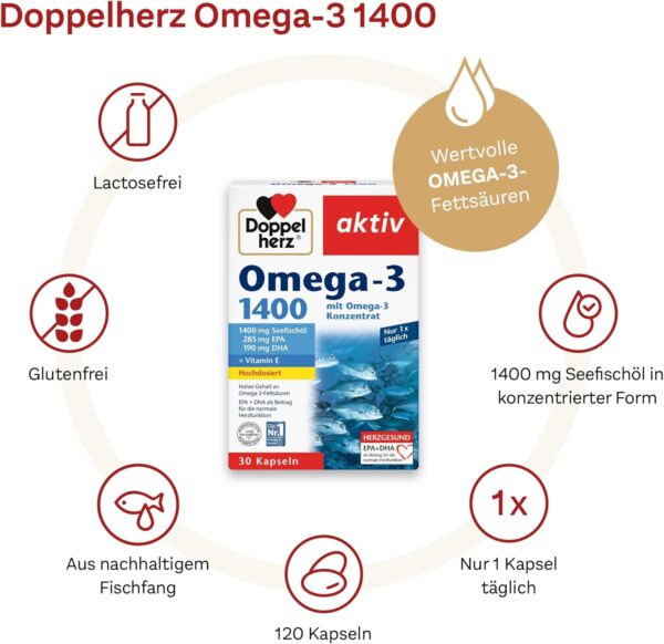Doppelherz Omega-3 1400 mg - Hochdosiertes Omega-3-Konzentrat plus Vitamin E - Hoher Gehalt an Omega-3-Fettsäuren EPA & DHA - 90 Kapseln – Bild 2