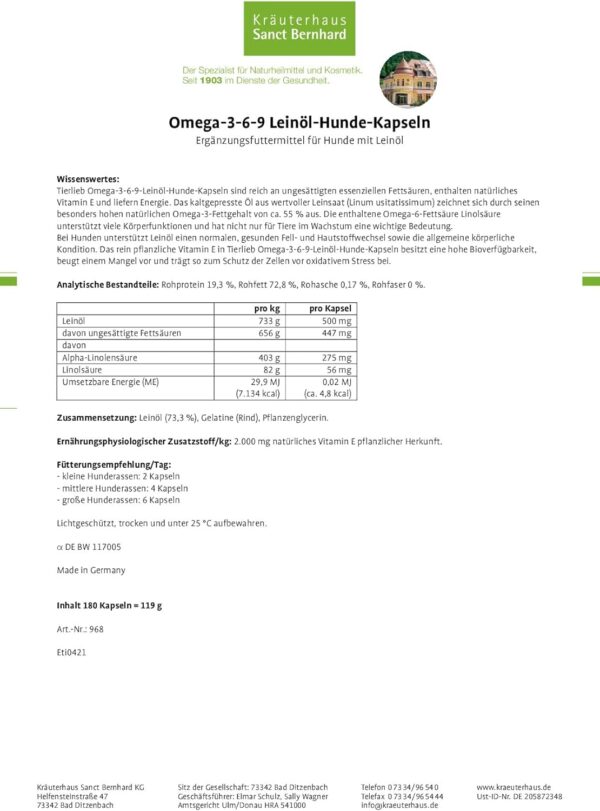tierlieb Omega-3-6-9-Leinöl-Hunde-Kapseln | 500 mg Leinöl pro Kapsel | 180 Kapseln – Bild 4