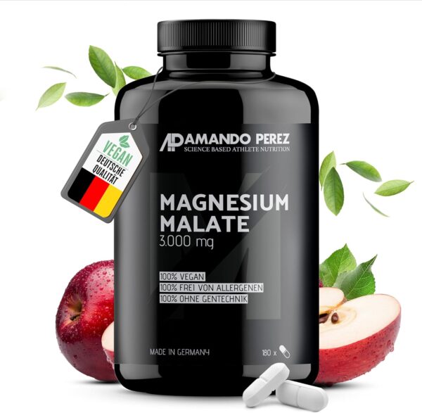 Amando Perez Magnesium Malat Tabletten 3000mg Hochdosiert - 180 Stück Magnesiummalat Vegan & Laborgeprüft (450mg Magnesium) Kapseln für Sport - Trägt zu einer normalen Muskelfunktion bei
