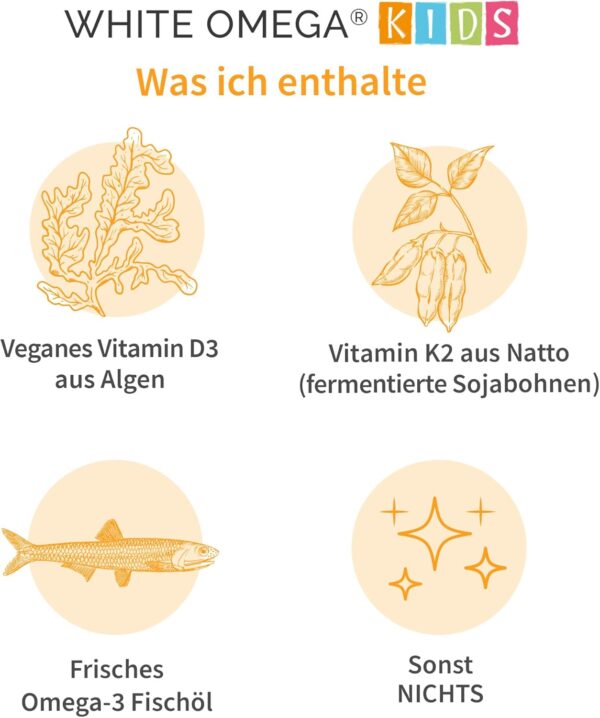 Vitamin D3+K2 für Kinder – zuckerfrei – 800 IE Vitamin D3 – mit 25 µg Vitamin K2 und 194 mg Omega-3 – 45 Mini-Kapseln (1,5 Monate) – Bild 4