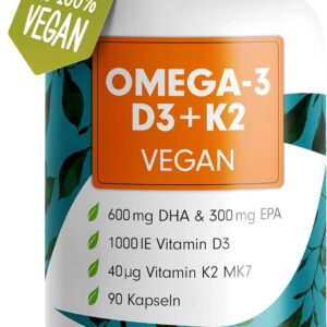 Omega-3 vegan + D3 & K2 (90x), 1100mg Algenöl mit 600mg DHA & 300mg EPA + 1000 IE Vitamin D3 + 40 µg Vitamin K2 - O3 D3 K2 vegan Essentials - Omega-3 Kapseln hochdosiert, bioverfügbar & laborgeprüft