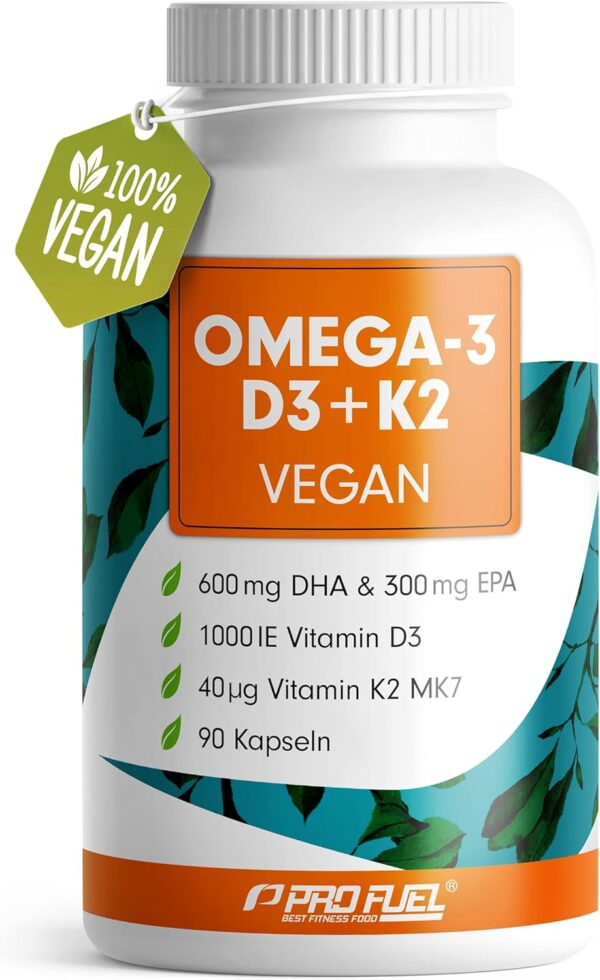 Omega-3 vegan + D3 & K2 (90x), 1100mg Algenöl mit 600mg DHA & 300mg EPA + 1000 IE Vitamin D3 + 40 µg Vitamin K2 - O3 D3 K2 vegan Essentials - Omega-3 Kapseln hochdosiert, bioverfügbar & laborgeprüft