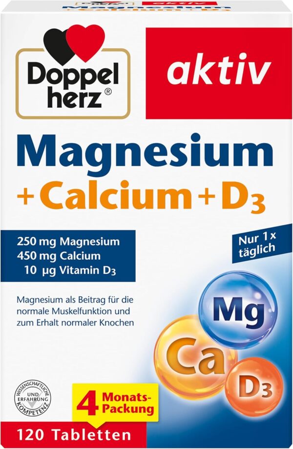 Doppelherz Magnesium + Calcium + D3 - Magnesium als Beitrag für die Muskelfunktion und zum Erhalt normalen Knochen - 120 Tabletten
