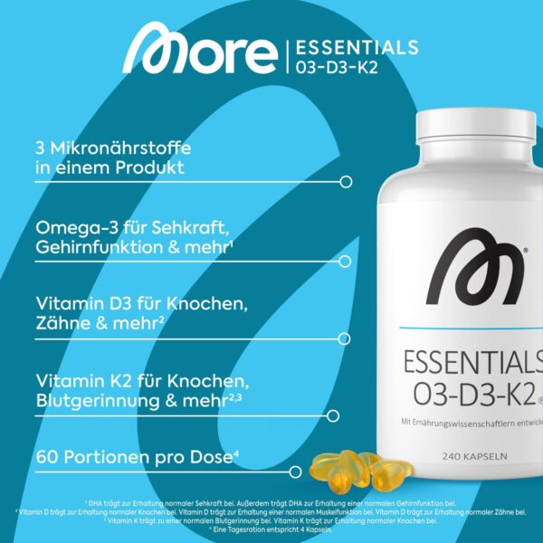 MORE Essentials O3-D3-K2, 240 Fischöl Kapseln mit 1000mg EPA & 500mg DHA pro Tag, Vitamin D3 & Vitamin K2, Kapselhülle aus Rindergelatine – Bild 3