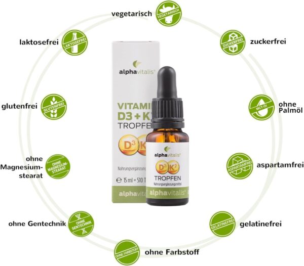 Vitamin D3 K2 Tropfen optimal dosiert - 1000 IE - K2 aus MK7 99,7% ALL TRANS in MCT-Öl für optimale Aufnahme - 15ml - optimale Bioverfügbarkeit - alphavitalis Nahrungsergänzungsmittel – Bild 3
