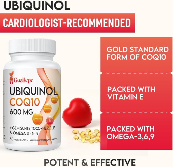 Ubiquinol CoQ10 600 mg Weichkapseln mit Omega 3, 6, 9 und Vitamin E, 30 Portionen Coenzym Q10 (aktive Form) Ergänzung, Höhere Absorption (60 stück (1er Pack)) – Bild 2