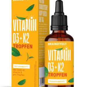 BRAINEFFECT Vitamin D3 K2 Tropfen (50 ml) Hochdosierte Tropfen in MCT-Öl für stärkere Wirkung - Decken 500% des Tagesbedarf, 17 Monatsvorrat (Geschmacklos)