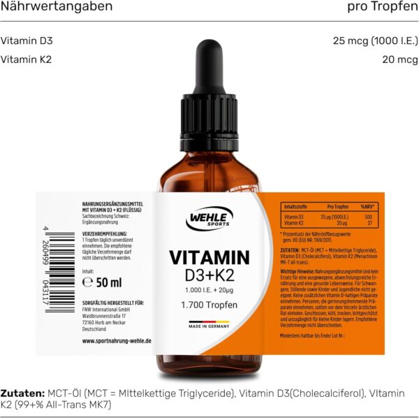 Vitamin D3 K2 Tropfen Hochdosiert [1000 IE] - Vit D3 K2 Hochdosiert - Vitamin D K2 - Vitamin D3 K2 Öl - Vitamin D3 K2 1000 IE - 50ml 1700 Tropfen - Hoch Bioverfügbar - LABORGEPRÜFT Wehle Sports® – Bild 5