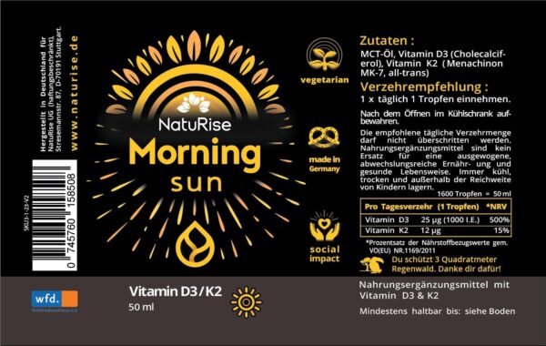 NatuRise® Vitamin D3 K2 Tropfen 50ml | Hochdosiert | Pro Tagesdosis 1000 I.E. | Geschmacksneutral | Pipette und Dosierskala | Vegetarisches & Natürliches Vitamin D | UV-Glas – Bild 2