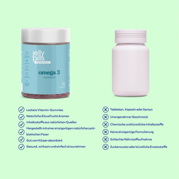 Jelly Pills® Konzentrierte Omega-3-Gummis (DHA + BCAA) und Vitamine der B-Gruppe - 70 vegane Gummis mit Orangengeschmack - ohne Zuckerzusatz - für Kinder und Erwachsene – Bild 6