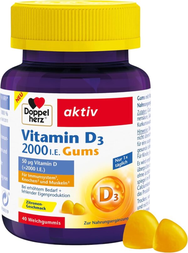 Doppelherz Vitamin D3 - Vitamin D trägt zur normalen Funktion des Immunsystems bei - 40 leckere Gums mit Zitronen-Geschmack