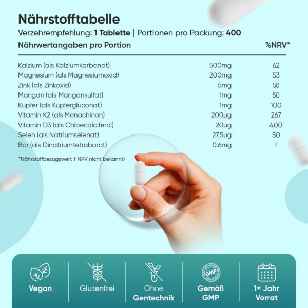 Kalzium Magnesium Zink - 400 Tabletten 1+ Jahr - Magnesium, Vitamin D3, K2, Bor, Selen, Kupfer - 500mg Calcium - Vegan - 1 Tablette Pro Tag - Glutenfrei - Alternativ zu Kapseln - WeightWorld – Bild 4