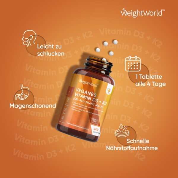 Vitamin D3 + K2-4000 I.E. vegane Tabletten - 240 Stück mit 125μg Vitamin K2 Menachinon - 1 Tablette/4 Tage - 98% All-Trans K2 MK7 - Für Knochen, Immunsystem & Muskeln - Sonnenvitamin - WeightWorld – Bild 7