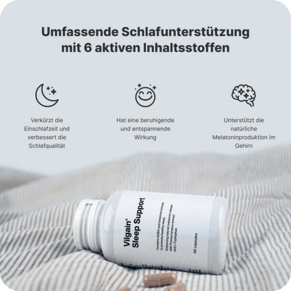 Vilgain Sleep Support – Natürliche Schlafhilfe mit Pflanzenextrakten & L-Tryptophan, fördert Melatonin, schnelleres Einschlafen, bessere Schlafqualität, 90 Kapseln – Bild 2