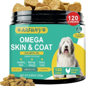 Haut und Fell für Hunde - Skin & Coat Omega 3 für Hunde- Fortschrittliche Formel für gesunde Haut und Glänzendes Fell - Reich an Lachsöl, Omega 3 & 6, Vitaminen - Geschmack Huhn