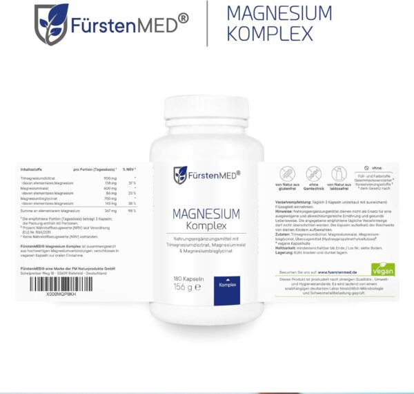 FürstenMED® 180 Magnesium Komplex Kapseln aus Magnesium-Citrat, Magnesium-Malat und Magnesium-Bisglycinat - Hochdosiert, Vegan & Ohne Zusatzstoffe – Bild 5