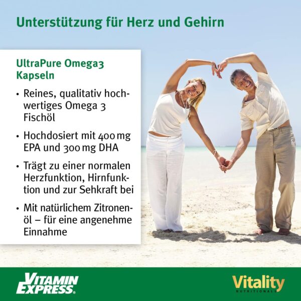 Fischöl Omega 3 Kapseln Hochdosiert mit 2000 mg Fischöl davon 800 mg EPA und 600 mg DHA pro Tag + Vitamin E (120 Stk) Ultra Pure Omega 3 Vitality Nutritionals by Vitaminexpress – Bild 2