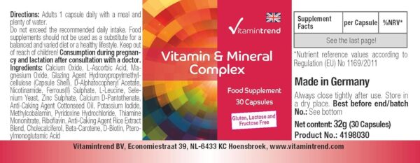 Vitamin & Mineral Komplex - 30 Kapseln ! 1-MONATS-VORRAT ! Multivitamin-Präparat in sicherer Dosierung - Bioverfügbare Supplements aus Deutschland | Vitamintrend® – Bild 3