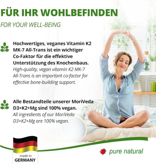 Vegane Vitamin D3 + K2 + Magnesium Kapseln - bis 90 Wochen Depot - 7000 I.E D3 + 200 mcg K2 MK7-90 Kapseln von MoriVeda – Bild 5