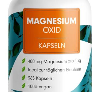 Magnesium Kapseln 365x (1 Jahr) - 668mg Magnesium-Oxid, davon 400mg Magnesium pro Kapsel - sehr hoher Magnesium-Gehalt (60%) - Magnesium optimal hochdosiert - Laborgeprüft mit Zertifikat - 100% vegan