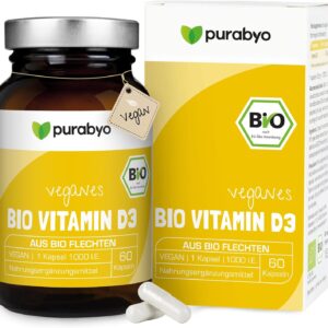 Bio Vitamin D3 Kapseln vegan | Bio Vitamin D3 vegan | aus Flechtenextrakt aus kontrolliert-biologischem Anbau | im Glas | 1 Kapsel = 25 µg = 1000 I.E. | 2-Monatsversorgung | laborgeprüft
